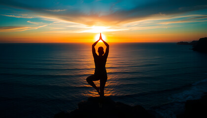 Silhouette of a person practicing yoga tree pose at sunset on a rocky shore