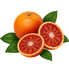 Vibrant blood oranges with leaves on black background fresh and juicy