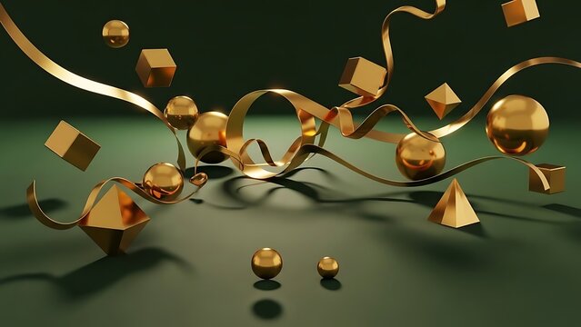 Abstract 3d rendering of shiny golden geometric shapes like spheres, cubes, and pyramids floating with flowing ribbons against a dark green background for celebration or luxury concept - Powered by Adobe