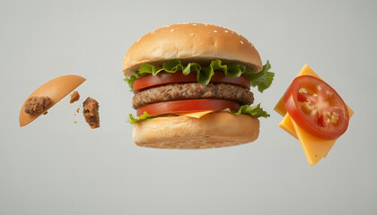 Deconstructed double cheeseburger with lettuce tomato and bun floating