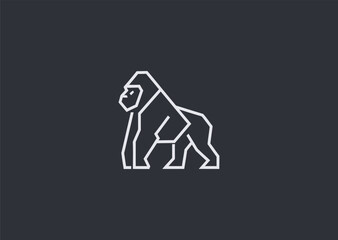 A simple geometric line gorilla logo built with strong angular shapes, highlighting its powerful head and calm dominance to symbolize strength, stability, and confidence