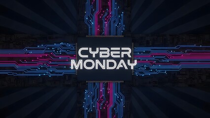Cyber Monday promotional graphic with circuit board design and text.