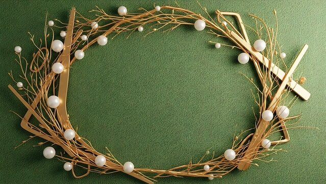 Elegant golden wreath frame decorated with small white pearllike baubles and delicate twigs set against a textured deep green background, perfect for holiday or wedding design