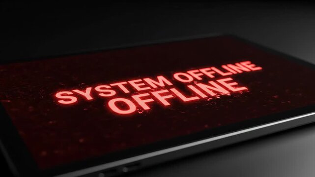 System status changes from online to offline on a digital screen. Glowing green text transitions to a red error message with digital glitches. Technology failure and cybersecurity alert concept