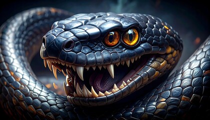 Close-up of a fearsome serpent's head, revealing sharp fangs and vibrant orange eyes, with detailed scales and a dark background