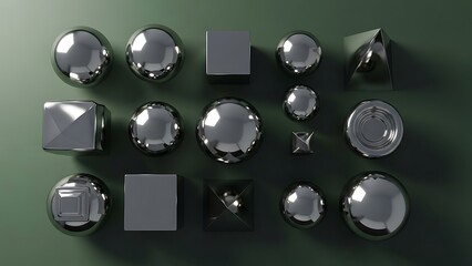 Collection of chrome and matte geometric shapes including spheres and cubes rendered with realistic lighting and shadows on a muted green surface