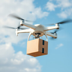 Drone delivering a package in the sky with clouds