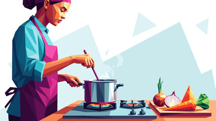 Colorful geometric style cooking scene with woman chef at stove