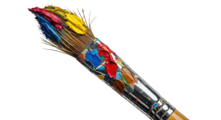Close-up of a paintbrush with colorful paint on the bristles, ready for artistic creation.