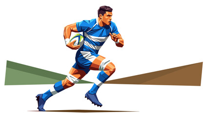 Geometric rugby player in motion with striped jersey and ball