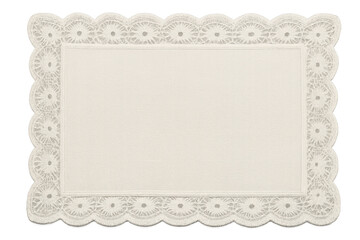 White rectangular lace placemat with elegant handcrafted scalloped border for vintage decor transparent background