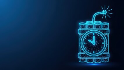 Digital illustration of a ticking time bomb made of dynamite with a clock face on a dark blue background