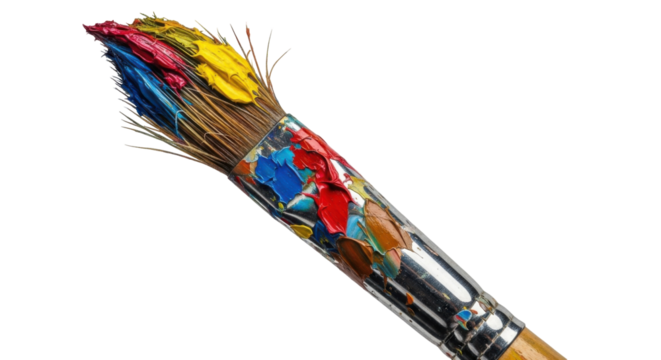 Close-up of a paintbrush with colorful paint on the bristles, ready for artistic creation. - Powered by Adobe