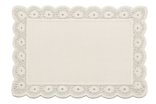 White rectangular lace placemat with elegant handcrafted scalloped border for vintage decor transparent background