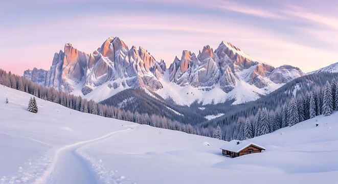 Snowy mountains with tall peaks and a small wooden cabin in a winter landscape at dusk or dawn ai generated - Powered by Adobe
