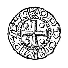 Silver denarius from Otto III's reign featuring prominent cross design, symbolizing imperial Christian authority, old vintage illustration, 1899.