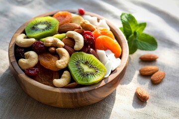 Healthy mixed nuts and dried fruit bowl with fresh mint
