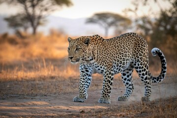 Leopard walks through african savanna with acacia trees in background