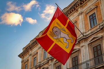 Montenegrin flag flying proudly against ornate building facade