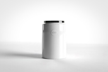 Minimalist white cylinder with black cap on white background