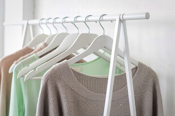 Pastel sweaters hanging on a white clothes rack