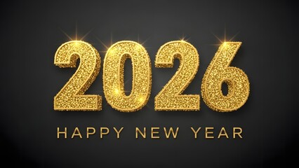 Golden glitter text "2026 Happy New Year" on a dark background, sparkling festive design for celebration.