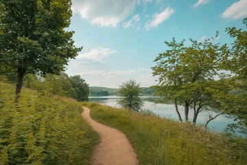 Peaceful walking path beside a serene lake with lush green trees