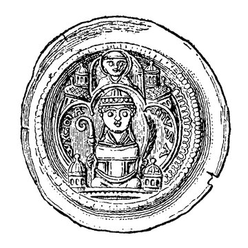 Silver ecclesiastical bracteate coin issued by Archbishop Wichmann of Magdeburg, featuring distinctive church symbolism, characteristic medieval Saxon currency, old vintage illustration, 1899.
