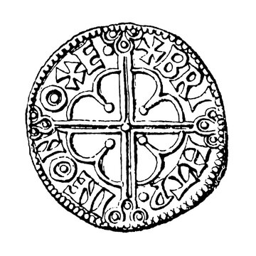 Silver penny (denarius) of King Cnut the Great minted in Oxford, featuring prominent cross design with pellets and annulets, Anglo-Saxon/Viking period coinage, old vintage illustration, 1899.