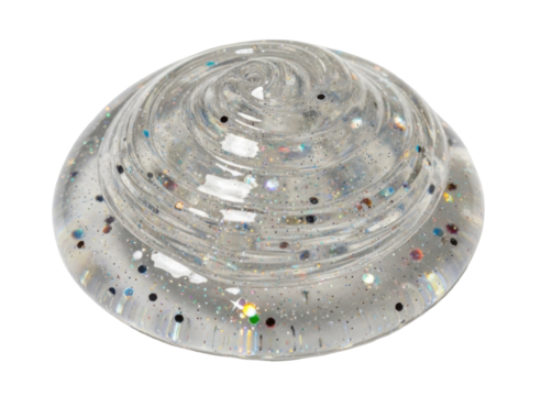 Close-up of clear, glittery slime with a swirled texture, perfect for sensory play.