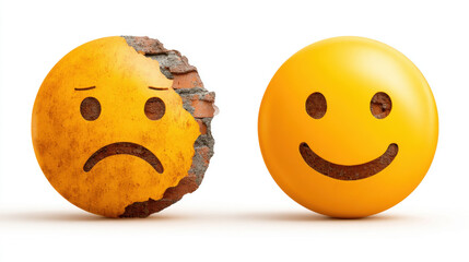 Sad to happy emoji concept with brick wall, representing mood change. a transition from sadness to happiness, symbolized by a broken wall revealing a smiling face.