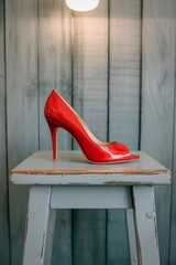 Single red peep toe high heel shoe on a wooden stool
