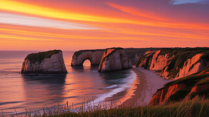 A dramatic coastal landscape photograph capturing the breathtaking sunset over iconic white chalk cliffs and natural arches along a serene shoreline