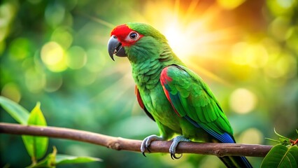 Colorful mitred parakeet perched on a branch in a lush green environment