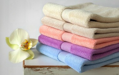Soft stacked towels with orchid blossom