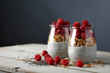 Two jars of overnight oats topped with fresh raspberries and granola