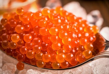 Vibrant orange salmon roe caviar served on a spoon with ice