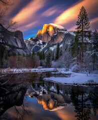 Winter sunset glow on yosemite half dome reflected in water