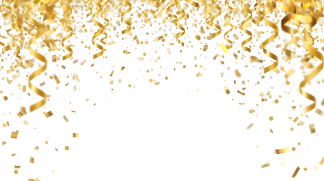Golden Confetti and Streamers Falling on White Background for Party Celebration