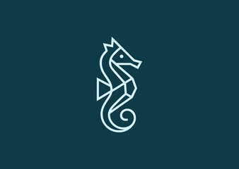 A geometric simple line seahorse logo with refined linear curves forming its elegant body, symbolizing creativity, elegance, and fluid harmony