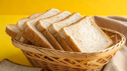 Slices of fresh white bread in a wicker basket on a yellow background