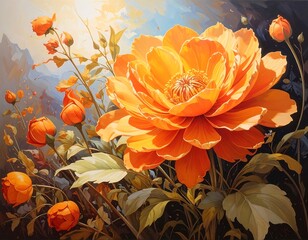 Artistic Impression of Vibrant Orange Flowers in a Dreamlike Setting with Sunlight