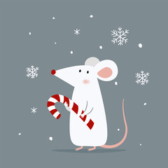 A cute mouse wearing a Santa Claus hat is holding lollipop, surrounded by snow and a gray background. Flat vector illustration. . Vector illustration