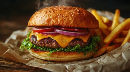 Delicious cheeseburger with fresh toppings and crispy fries on rustic paper wrap