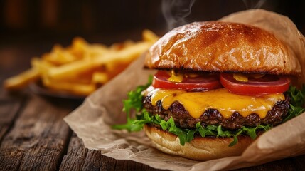 Delicious cheeseburger with fries on a rustic wooden table ready to be eaten