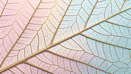 Fototapeta premium Abstract Macro Leaf Vein Texture with Golden Lines on Pastel Pink and Blue Background 