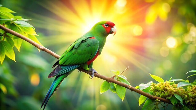 Colorful mitred parakeet perched on a branch in a lush green environment