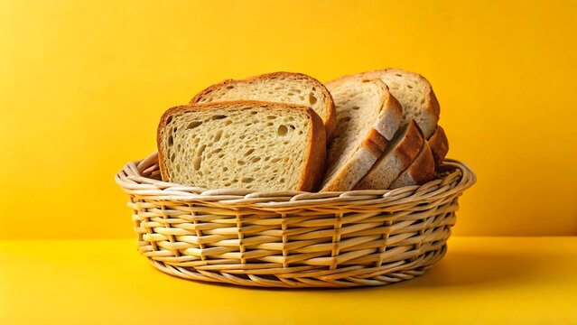 Slices of fresh white bread in a wicker basket on a yellow background