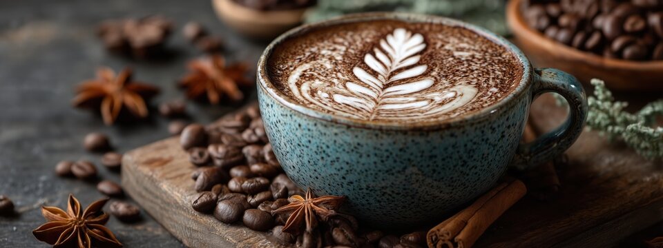 Coffee Cup with Beautiful Latte Art Surrounded by Coffee Beans and Spices on Rustic Table