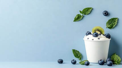 A white cup filled with yogurt, topped with blueberries and a slice of kiwi, surrounded by mint leaves and scattered blueberries, all set against a light blue b